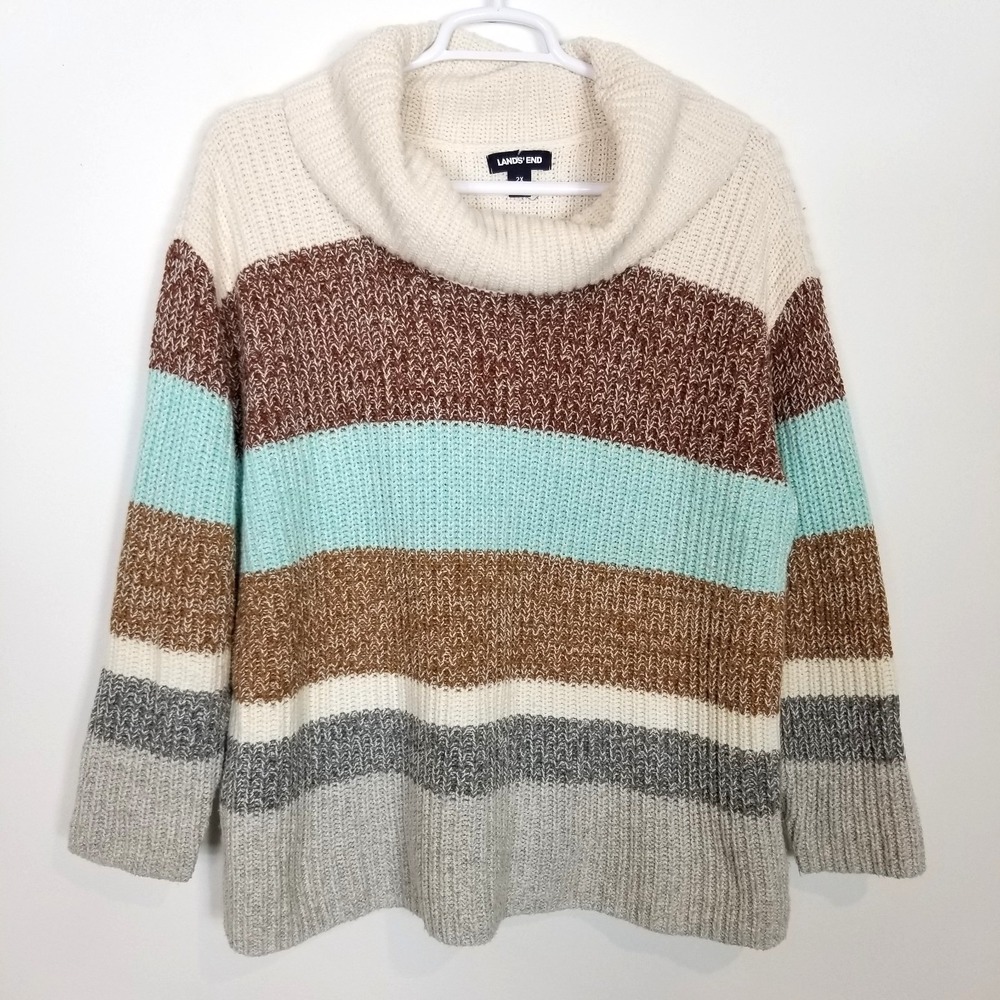 Land's End Women Cozy Lofty Cowl Neck‎ Stripe Sweater Sz 2X Wool Blend Classic